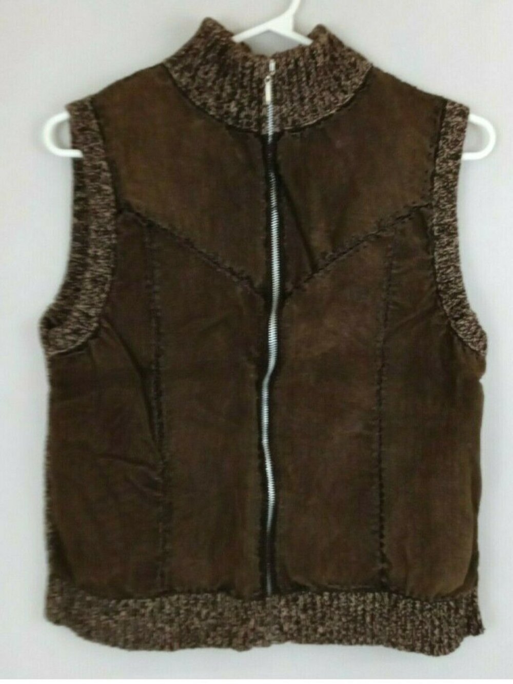 ERIKA Women's CAMEL Brown Leather & Fabric Patchwork Sweater Vest Size Medium